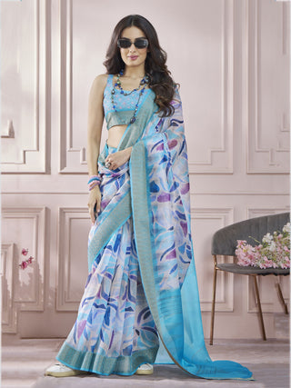 Sky printed cotton art silk saree for party wear images