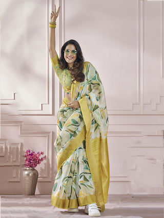 Yellow color cotton art silk printed saree for women price
