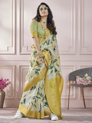 Yellow color cotton art silk printed saree for women online shopping
