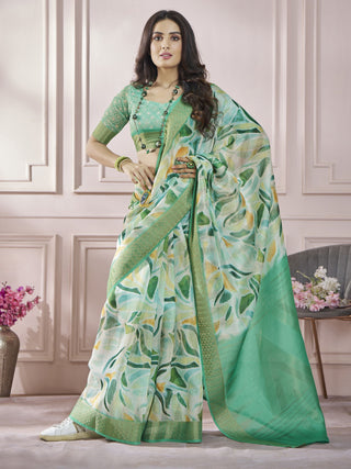 Green color printed saree for women