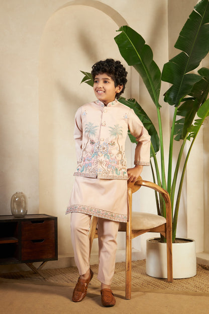 Kids Boys Beige Sequins Kurta Pajama for Wedding