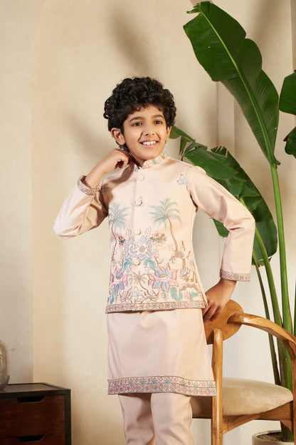 Kids Boys Beige Sequins Kurta Pajama for Wedding