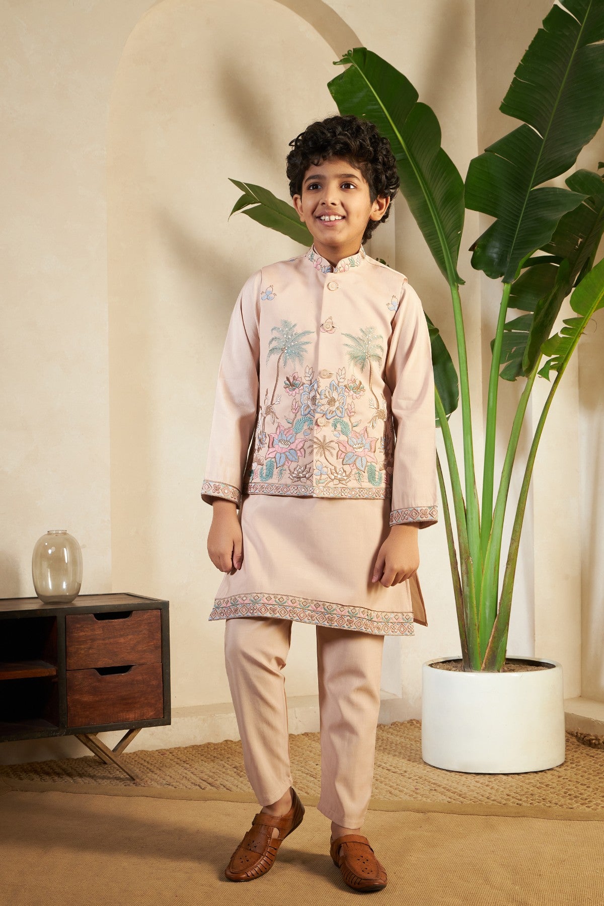 Kids Boys Beige Sequins Kurta Pajama for Wedding