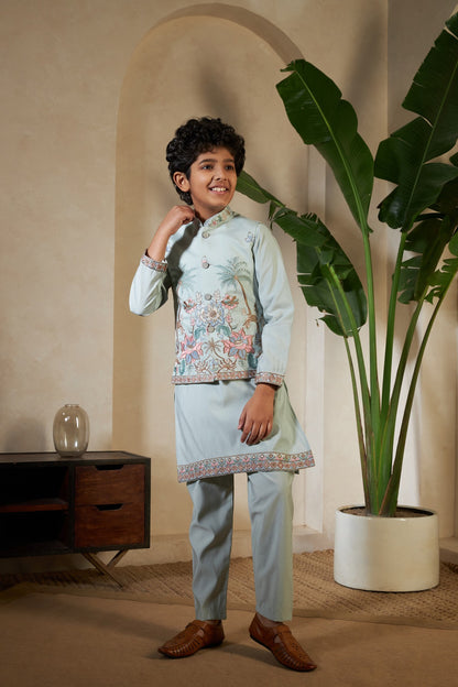 Cyan Color Embroidered Kids Boys Kurta Pajama