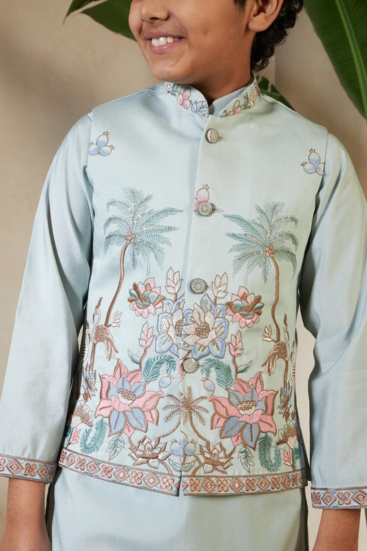 Cyan Color Embroidered Kids Boys Kurta Pajama