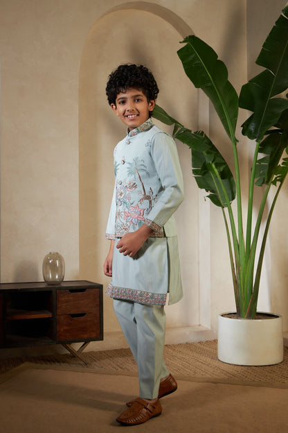 Cyan Color Embroidered Kids Boys Kurta Pajama