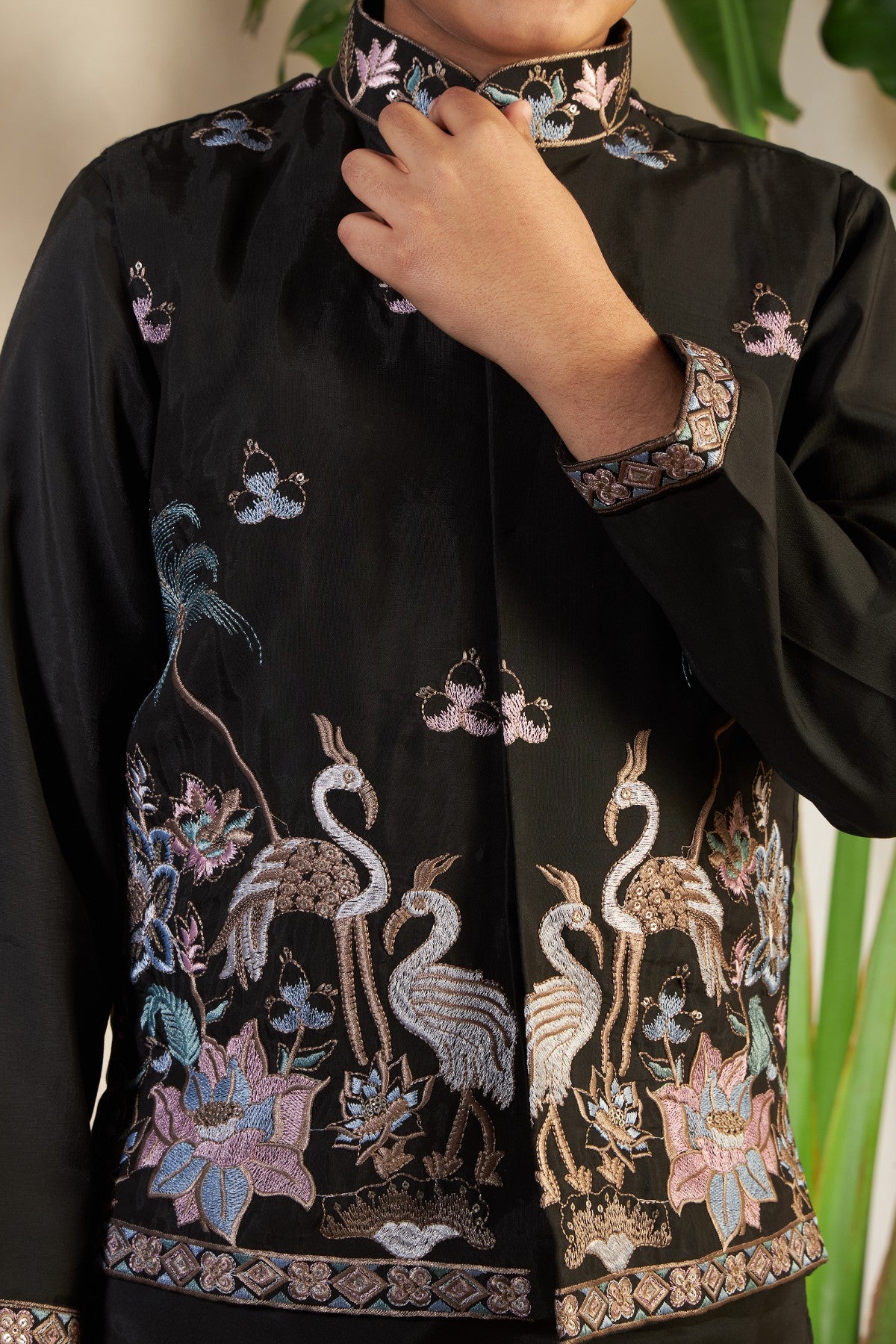 Kids Boys Black Embroidered Kurta Pajama