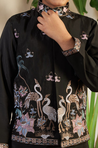 Kids Boys Black Embroidered Kurta Pajama