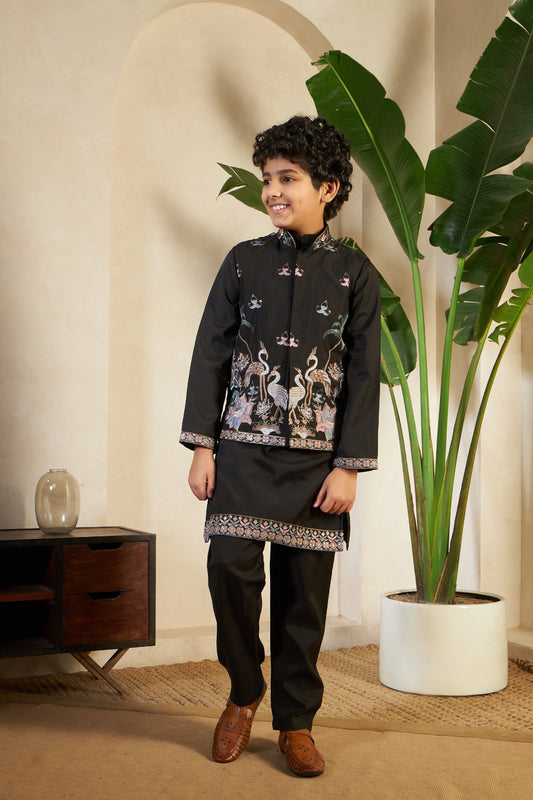 Kids Boys Black Embroidered Kurta Pajama