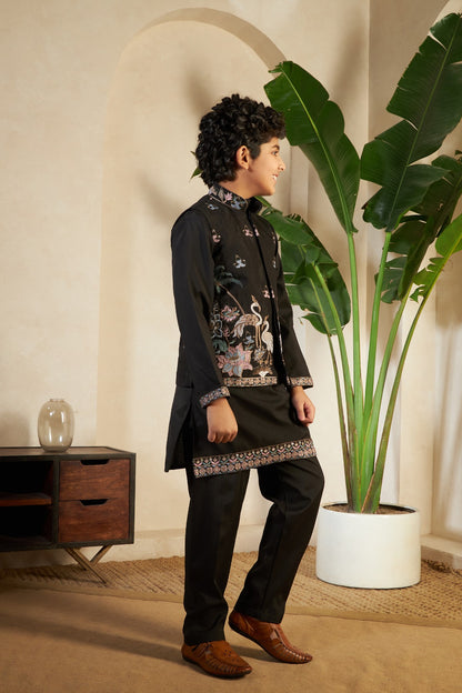 Kids Boys Black Embroidered Kurta Pajama