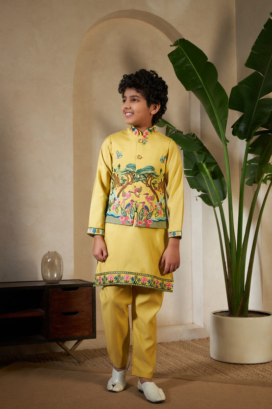 Yellow Silk Kids Boys Embroidered Kurta for Haldi