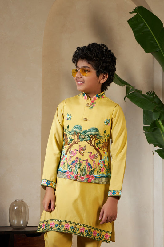 Yellow Silk Kids Boys Embroidered Kurta for Haldi