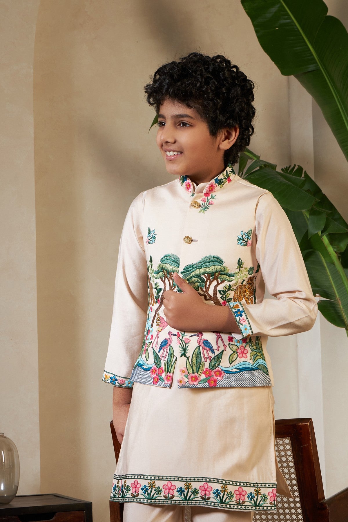Beige Viscose Silk Party Kids Boys Kurta Pajama