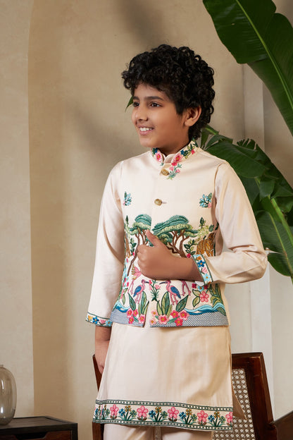 Beige Viscose Silk Party Kids Boys Kurta Pajama