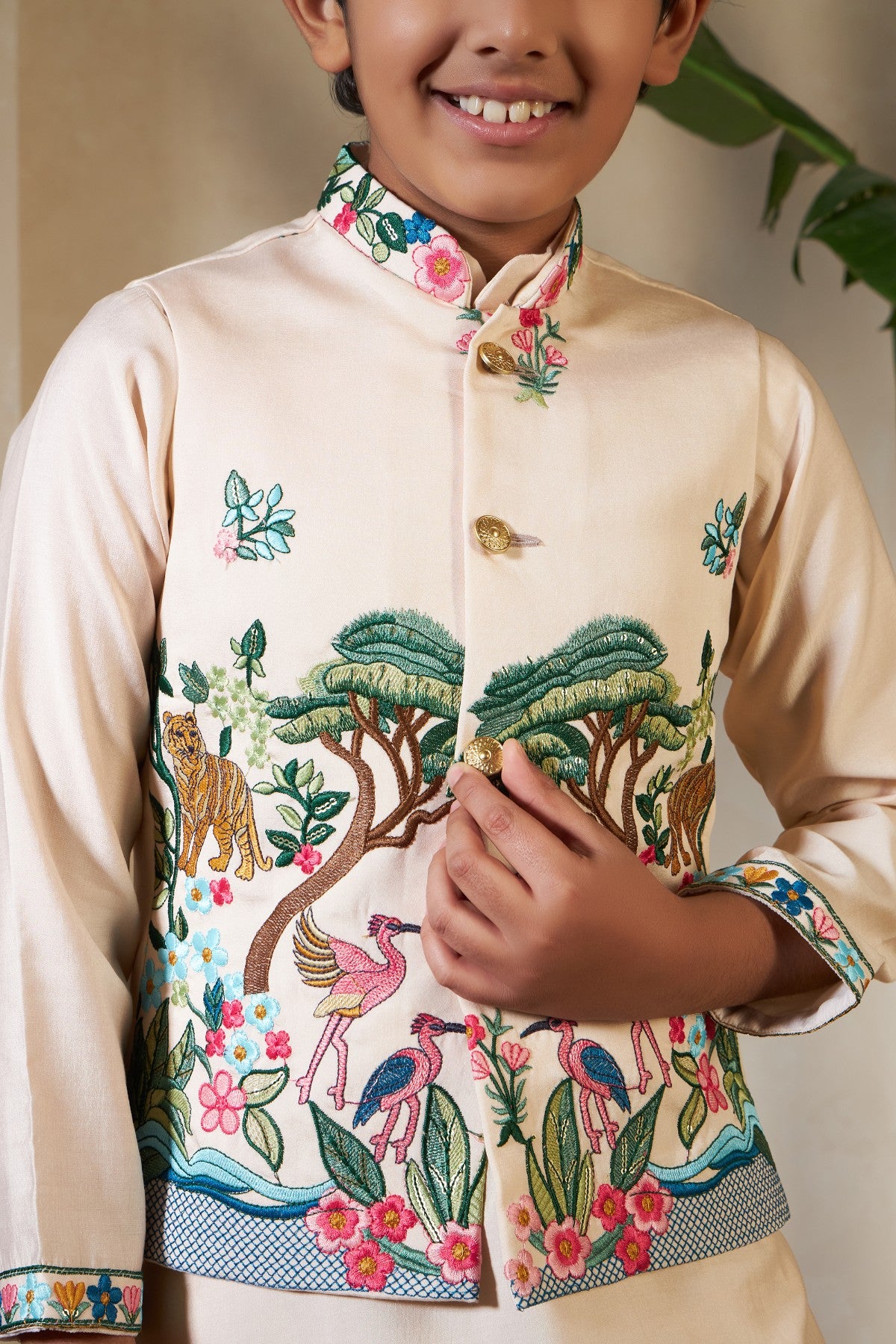 Beige Viscose Silk Party Kids Boys Kurta Pajama