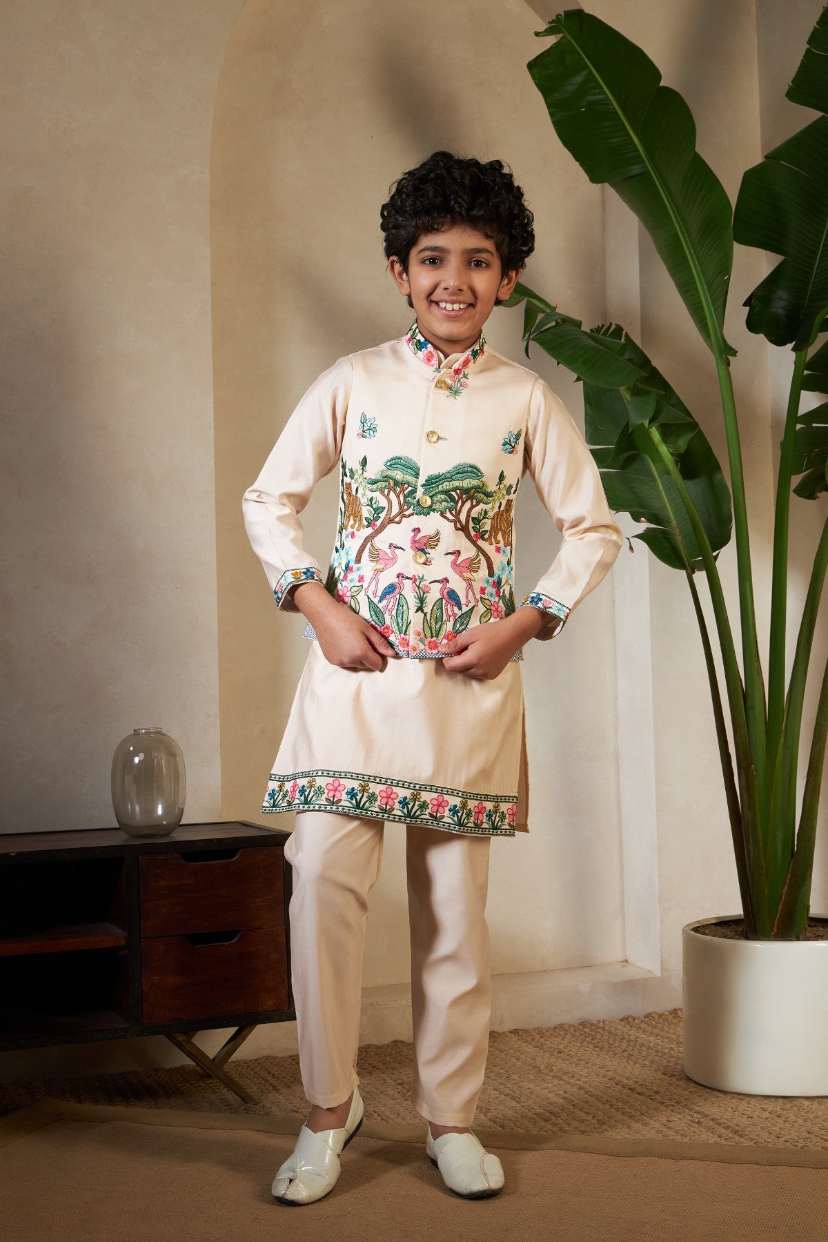 Beige Viscose Silk Party Kids Boys Kurta Pajama