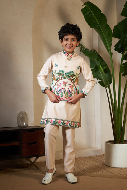 Beige Viscose Silk Party Kids Boys Kurta Pajama