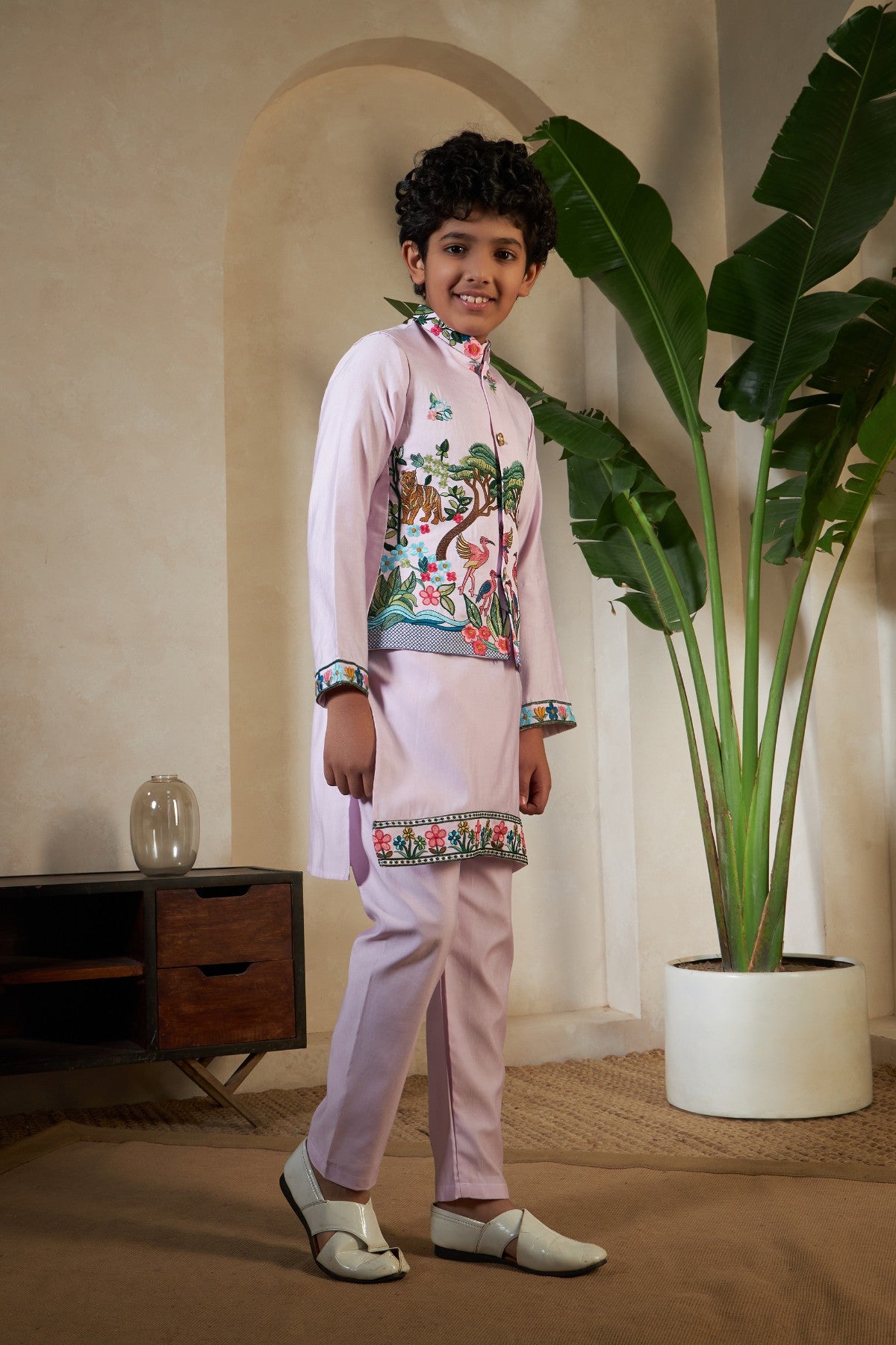 Lavender Viscose Silk Kids Boys Kurta Pajama for Party