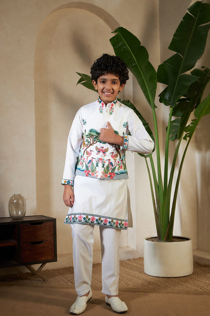 White Viscose Silk Reception Kids Boys Kurta Pajama