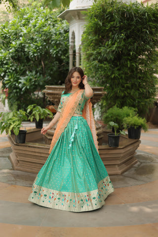 Rama color Cosmos Jacquard lehenga choli with dupatta online