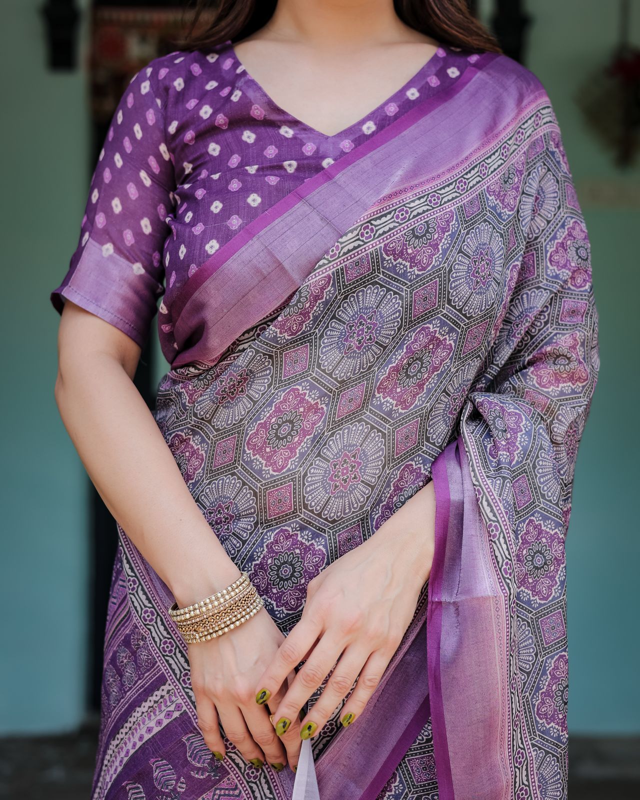 Purple color linen printed saree with blouse price