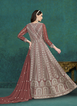 Long rust georgette gown for women
