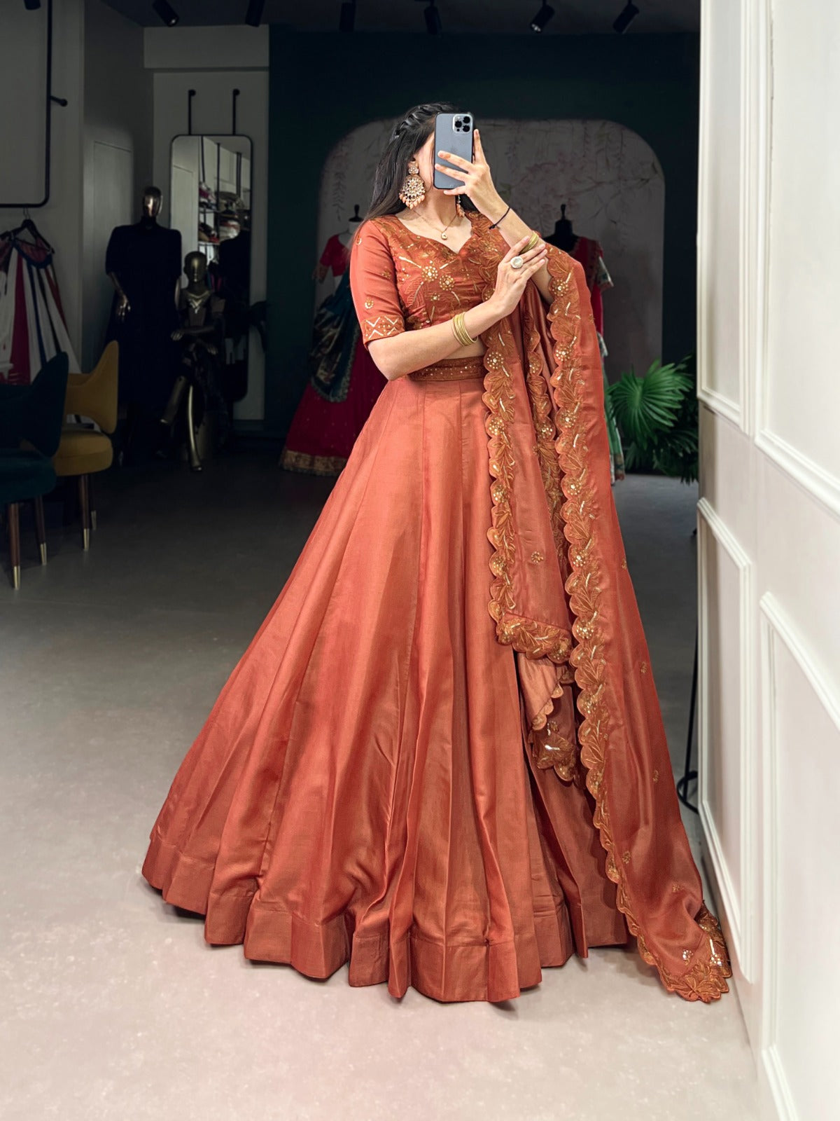 Orange color korean pure tussar lehenga choli for women online
