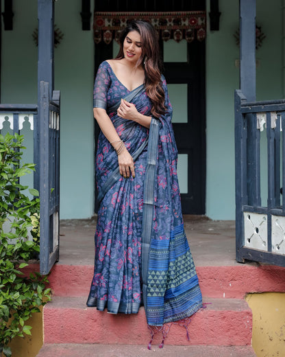 Navy blue color linen printed saree for women