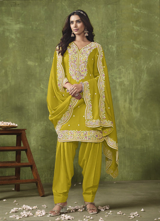 Mustard color chanderi salwar suit images