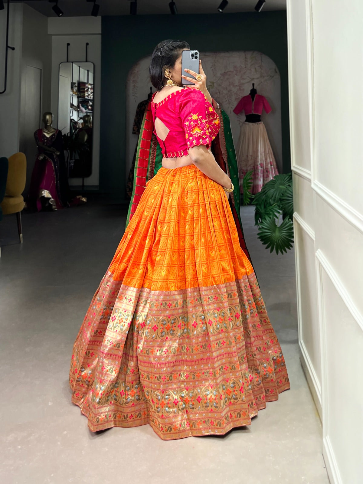 Orange jacquard lehenga choli for wedding
