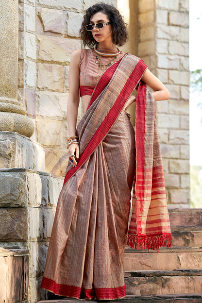 Brown color handloom saree with blouse