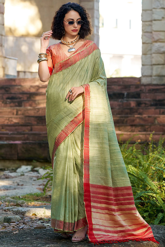 Pista color handloom weaving saree for women