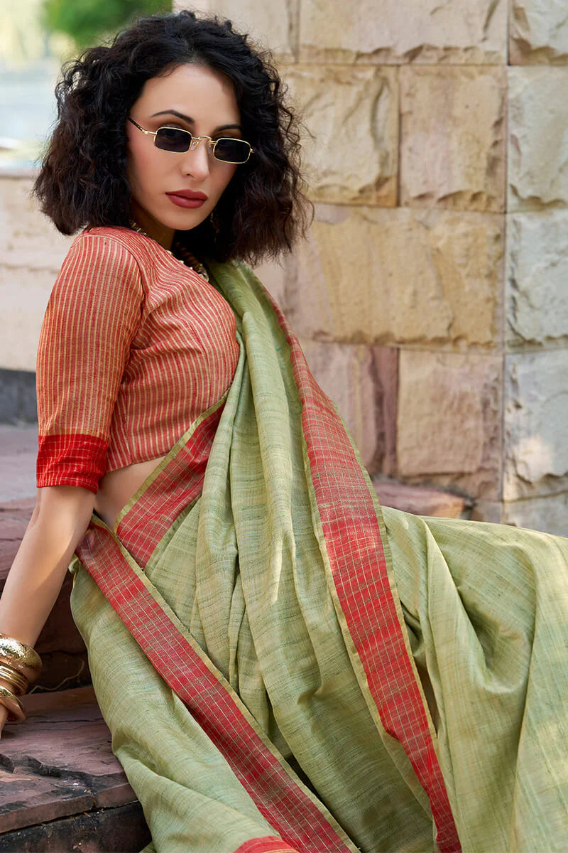 Pista color handloom weaving saree with blouse price