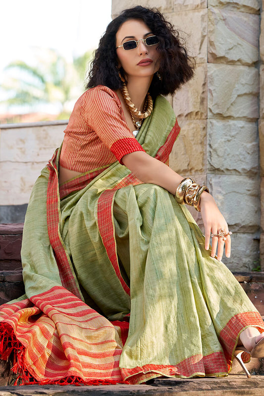 Pista color handloom weaving saree with blouse