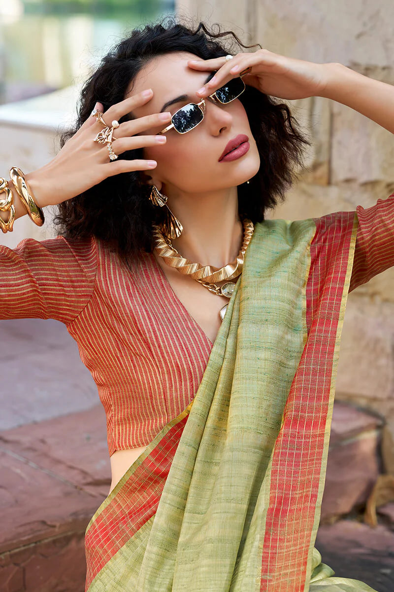 Pista color handloom weaving saree with blouse images