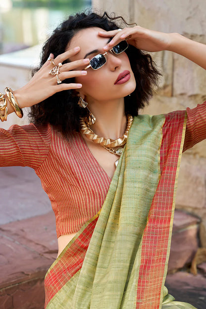 Pista color handloom weaving saree with blouse images