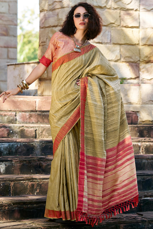 Mehendi color handloom saree with blouse
