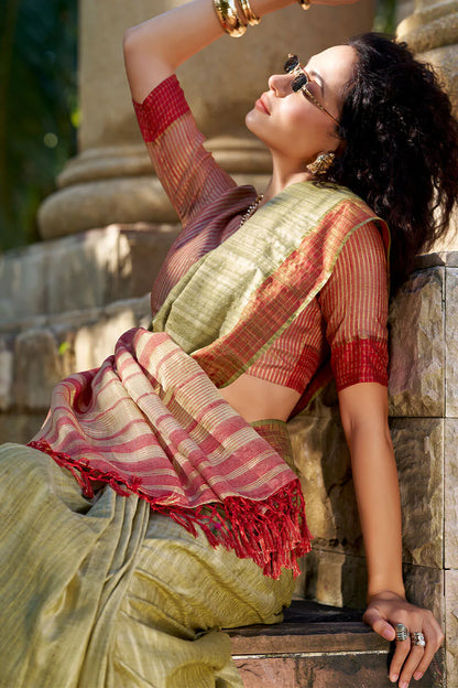 Mehendi color handloom saree with blouse price