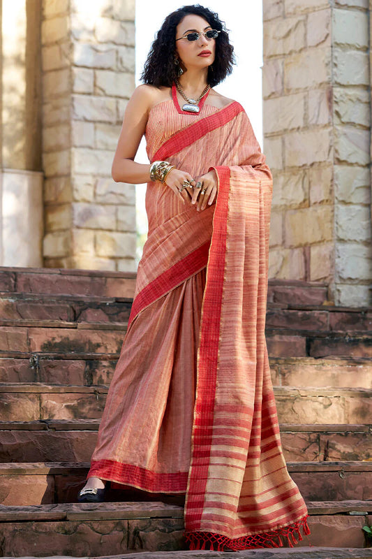 Peach color handloom weaving saree for women online
