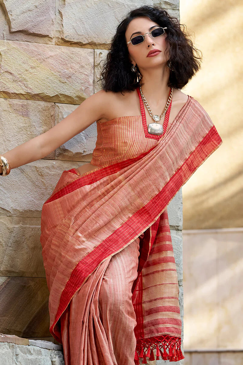 Peach color handloom weaving saree with blouse