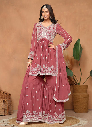 Peach georgette sharara suit for women with dupatta
