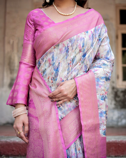 Pink color banarasi silk saree with blouse price