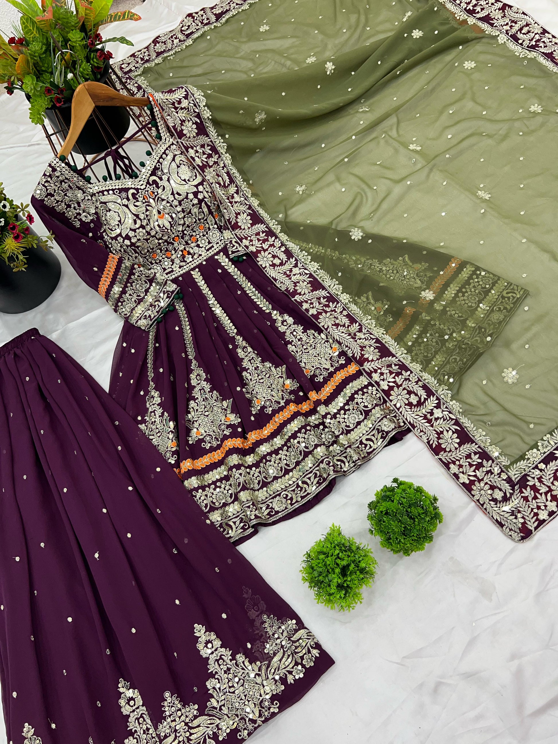 Purple color georgette sharara suit with dupatta