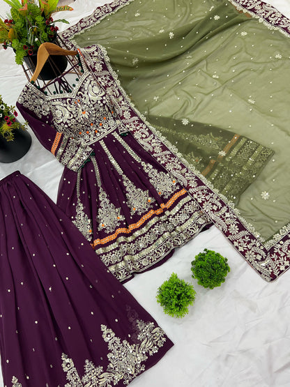 Purple color georgette sharara suit with dupatta
