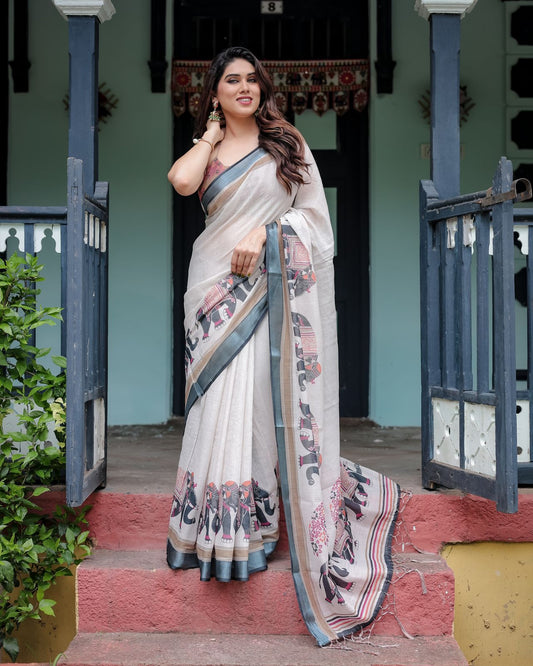 White color linen saree for women