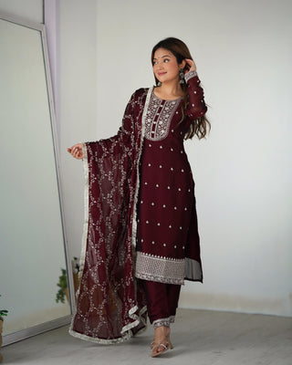 Maroon silk top and pant with dupatta online
