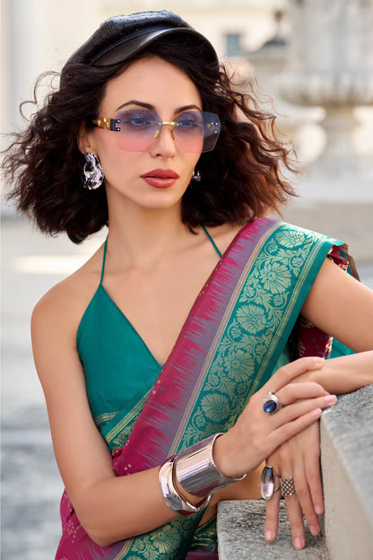 Pink color soft silk weaving saree with blouse design 
