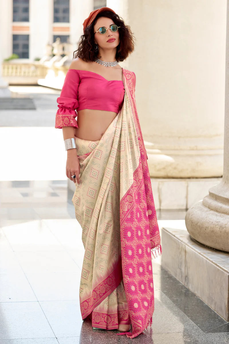 Off white color soft silk saree with blouse online