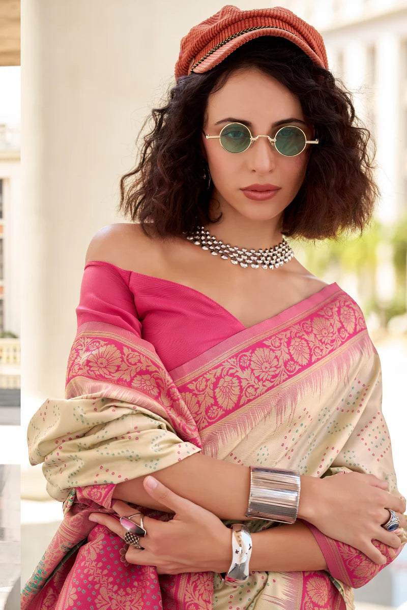 Off white color soft silk saree with blouse design