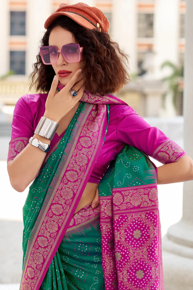 Green color soft silk weaving saree with images